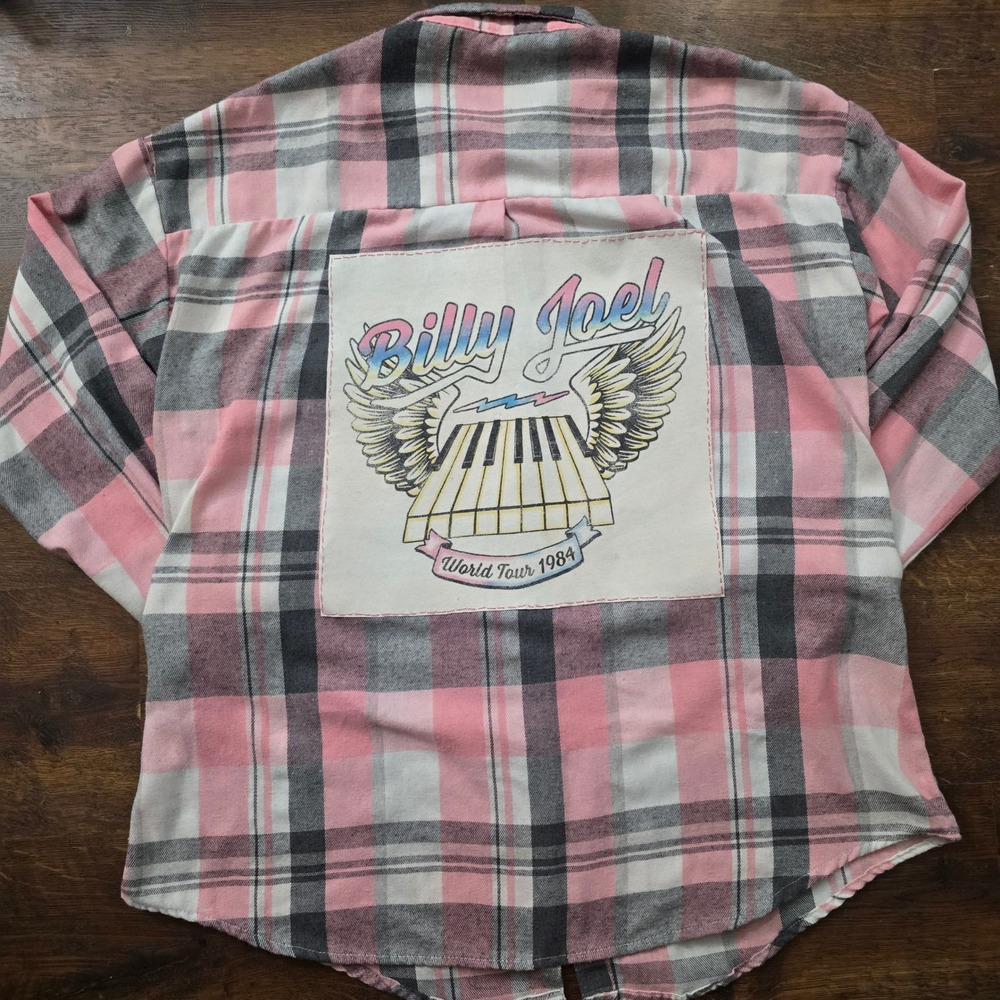 Billy Joel 1984‎ World Tour Custom Patch Flannel Shirt Pink Plaid Womens Large